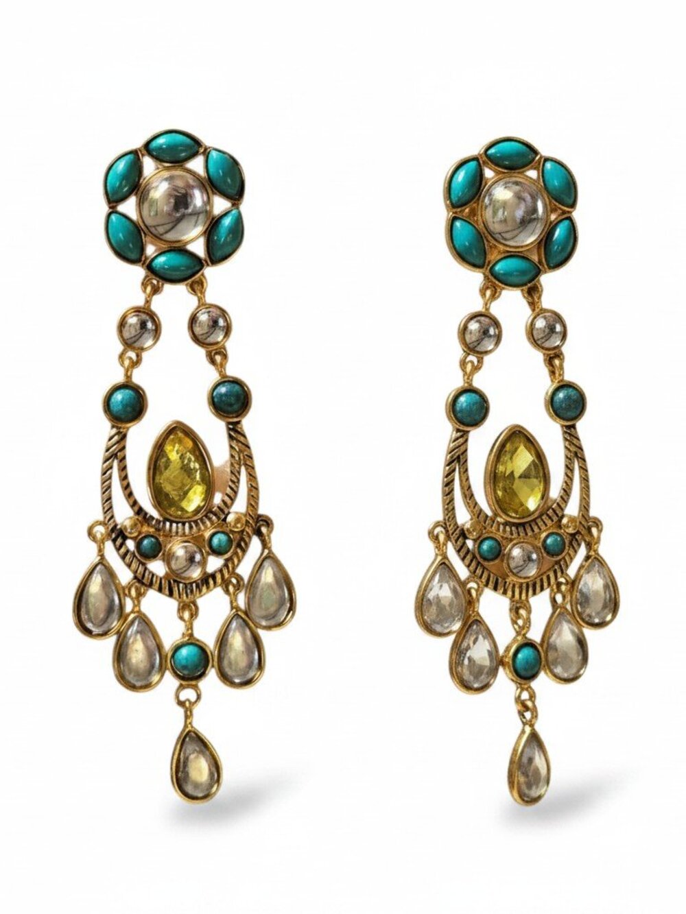 Amrita Singh Statement Green Turquoise Gold Plated Chandelier Earrings NWT